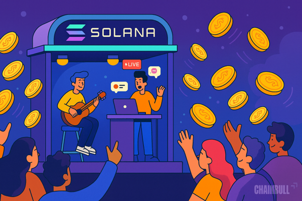 Solana live event with performers, audience, and crypto coins.
