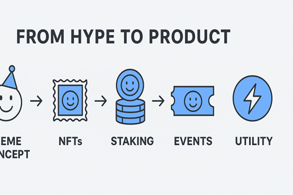 Flowchart showing the journey from meme concept to NFTs, staking, events, and utility with icons, titled "From Hype to Product
