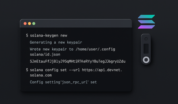 Solana CLI terminal showing commands to generate a new keypair and configure Solana Devnet with hardware wallet and Solana logo.