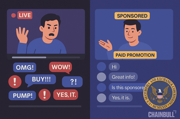 Illustration comparing a crypto livestream hype with a transparent sponsored promotion.