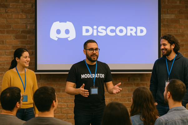 Discord community moderators speaking to a group during a presentation, with the Discord logo displayed on a screen behind them.