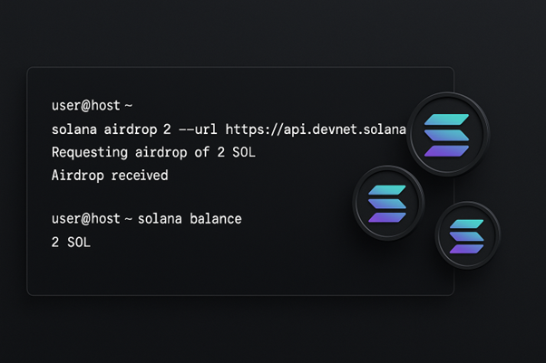 erminal screenshot showing Solana CLI airdrop of 2 SOL on Devnet