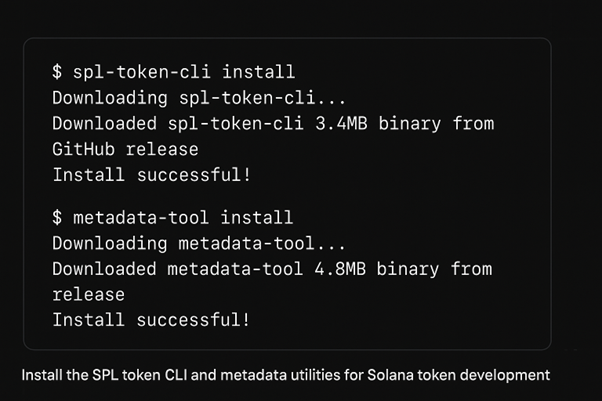Terminal screenshot showing installation of spl-token-cli and metadata-tool for Solana.