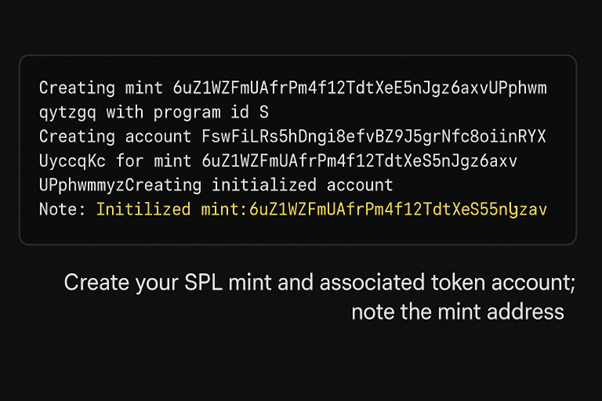 Terminal screenshot showing creation of an SPL mint and token account on Solana.