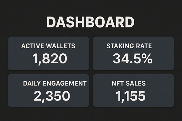 Crypto dashboard showing 1,820 active wallets, 34.5% staking rate, 2,350 daily engagements, and 1,155 NFT sales.