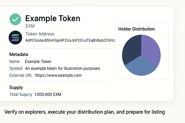 Example Token (EXM) info card showing token address, metadata, total supply of 1,000,000 EXM, and a pie chart of holder distribution.