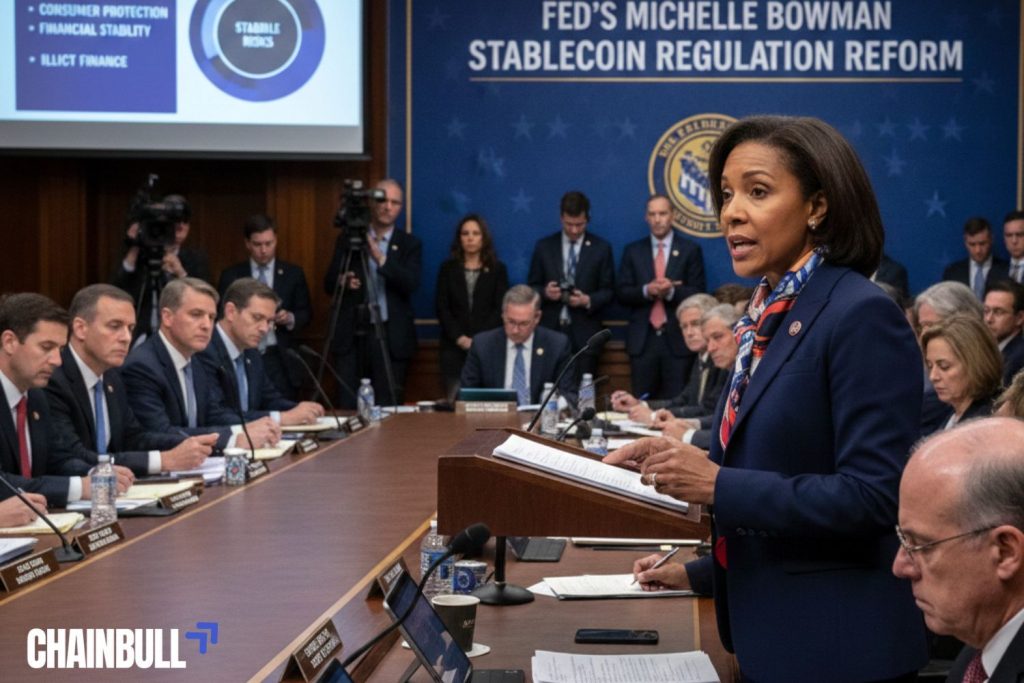 this image desribes Fed’s Bowman pushes lawmakers for tougher stablecoin rules