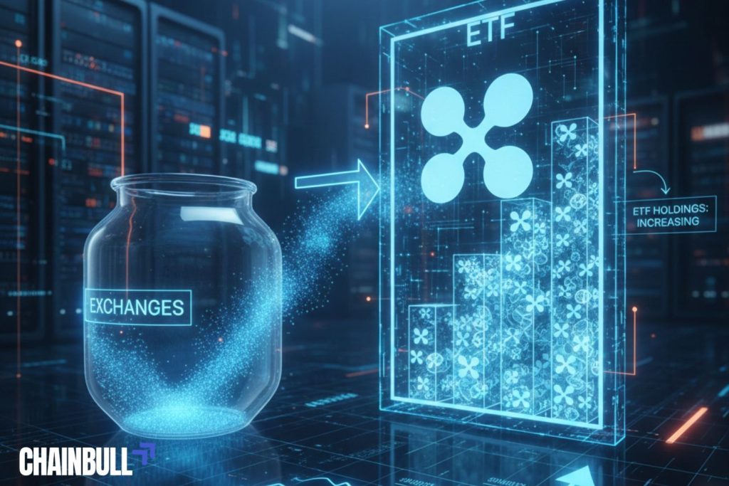 this image describes XRP goes into ETF mode: Less on exchanges