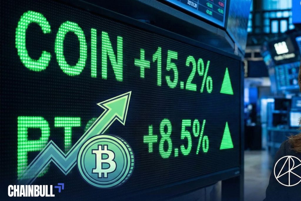 this image describes Coinbase stock price pops as Bitcoin jumps