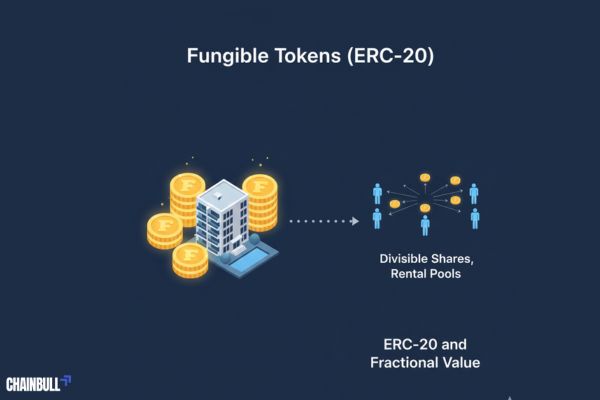 Infographic explaining real estate tokenization standards. It illustrates the differences between ERC-20 (fungible shares), ERC-721 (unique titles), and ERC-1155 (hybrid systems), comparing digital blockchain efficiency against traditional paper-based real estate processes.