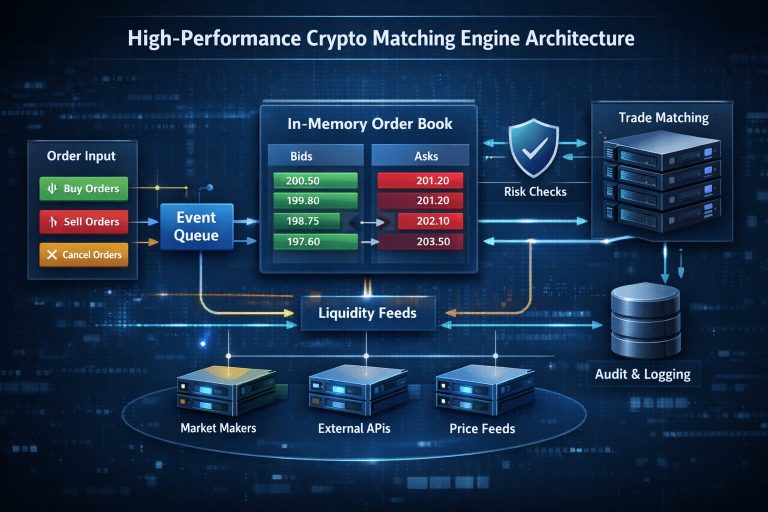 High-performance crypto matching engine architecture showing in-memory order book, event queue, risk engine, trade matching system, and liquidity providers
